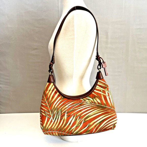 Fossil Caluso‎ Palm Print Shoulder Bag Purse Fabric Leather Rust Orange 75082 - Picture 1 of 7